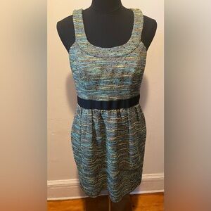 Shoshanna Green Stripe Silk Blend Metallic Sleeveless Pleated Tweed Dress Size 6